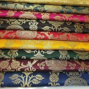 Peacock Trail Floral Gold Metallic Print Indian Banarasi Brocade Fabric – 44” Wide – Luxury Dress, Craft & Décor Material (By the Meter)